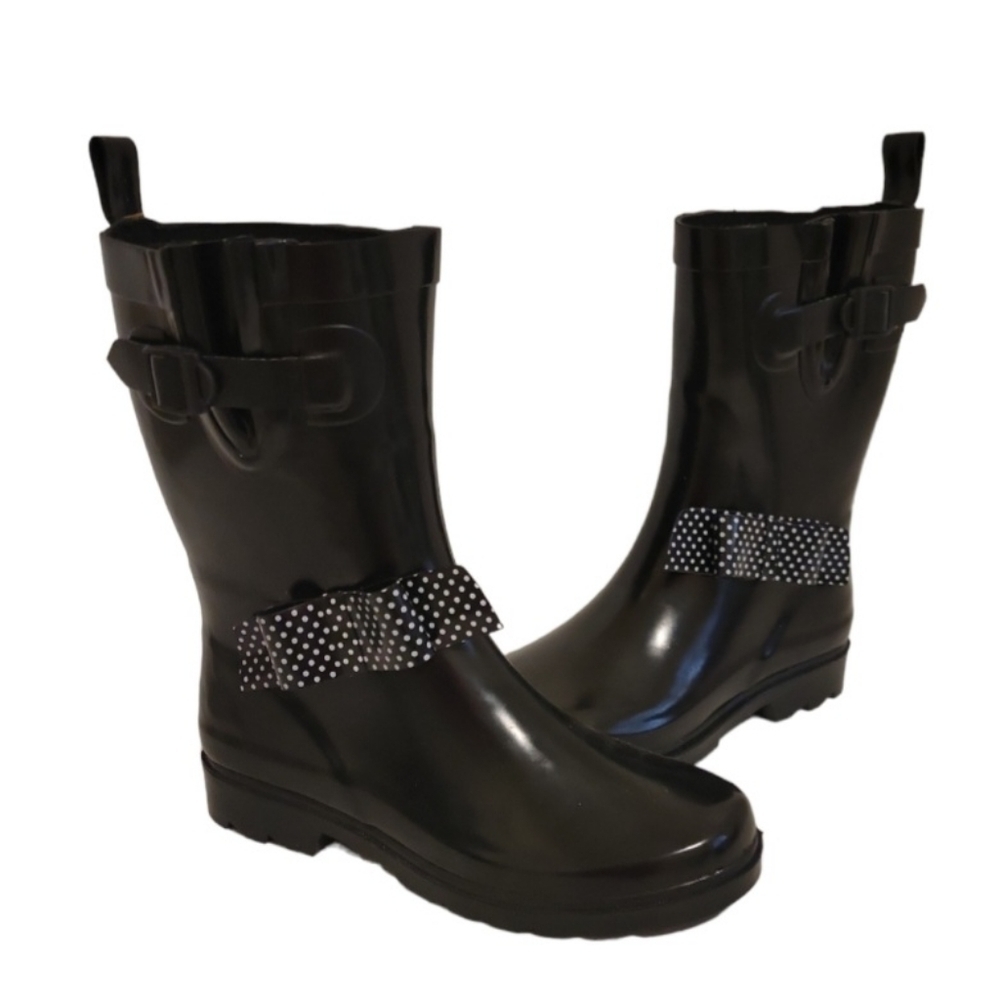 Capelli of New York Black Polka Dot Bow Rain Boots Size 7